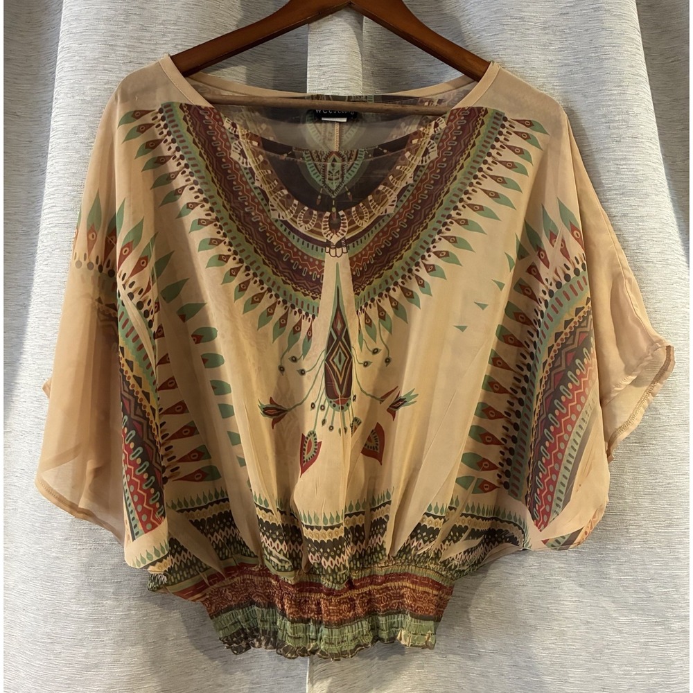 Wet Seal Sheer Boho Dolman Blouse Colorful Aztec Top Y2K Club Festival Medium